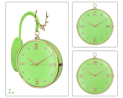 Green wall clock with gold accents on a white background