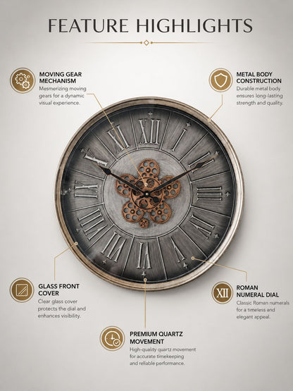 Wall clock with features highlighted on a gray background