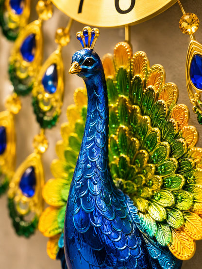 Handcrafted ceramic peacock body with intricate feather detailing on luxury wall clock