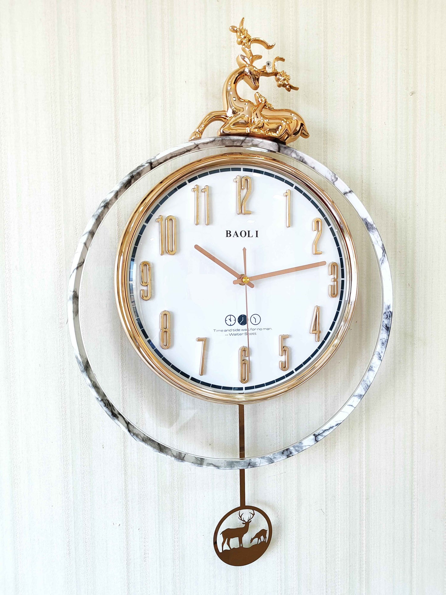 FunkyTradition Rose Gold White Reindeer Pendulum Wall Clock Wall Clock, Wall Decor for Home Office and Gifts 65 CM Tall