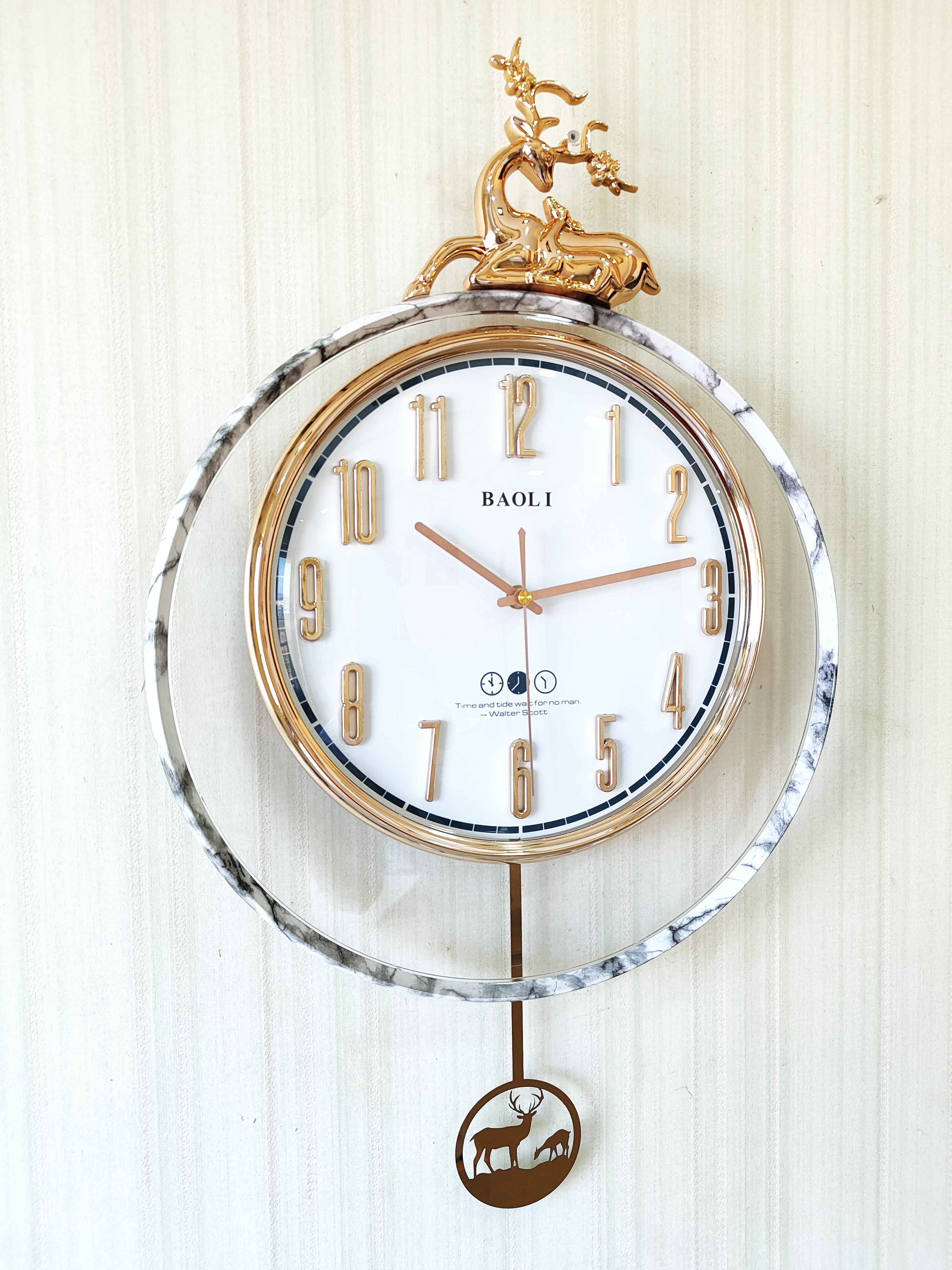 FunkyTradition Rose Gold White Reindeer Pendulum Wall Clock Wall Clock, Wall Decor for Home Office and Gifts 65 CM Tall