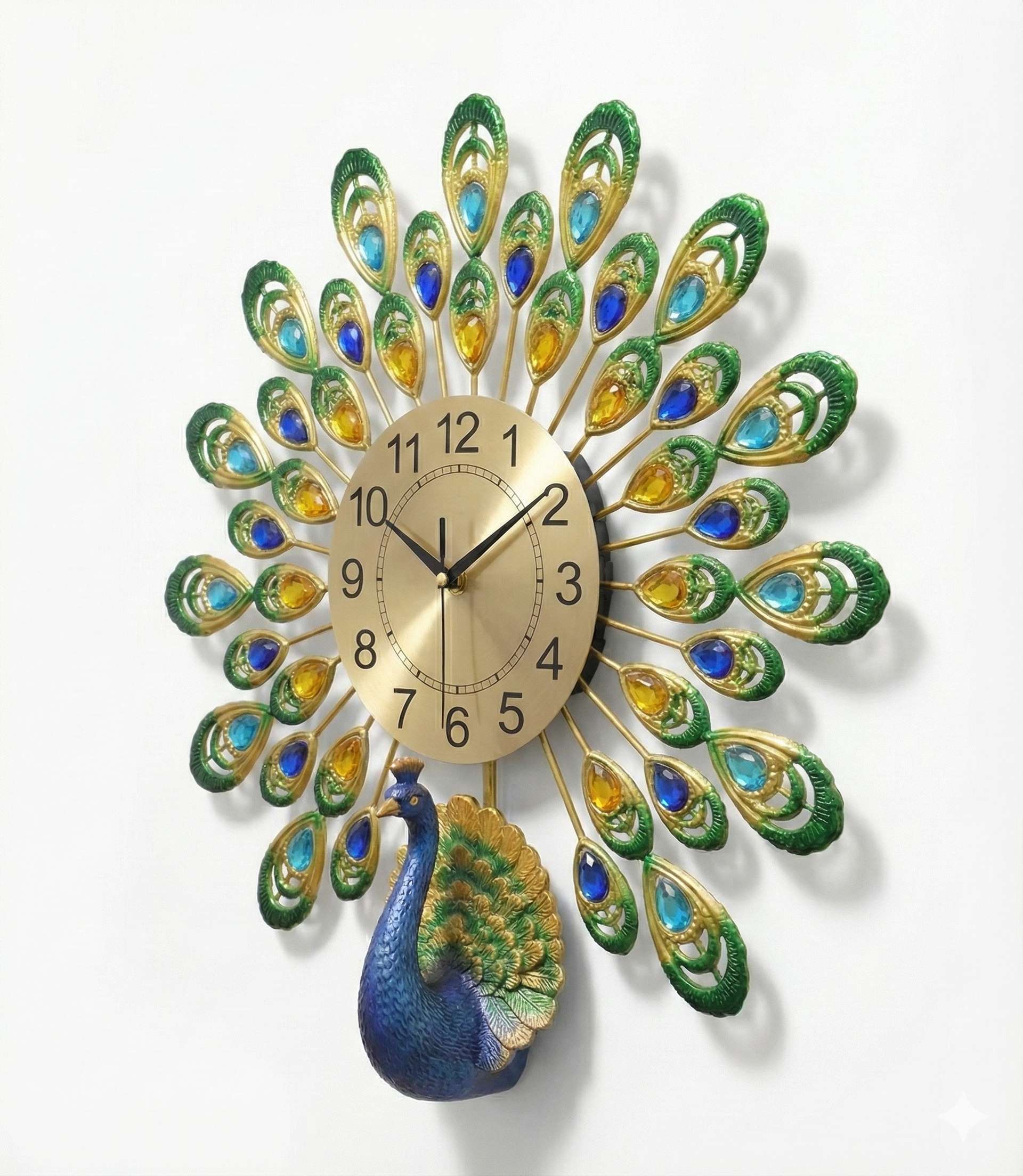 Royal Peacock Crystal Wall Clock – Large 3D Metal Art Decor for Living Room &amp; Bedroom (55cm x 55cm)
