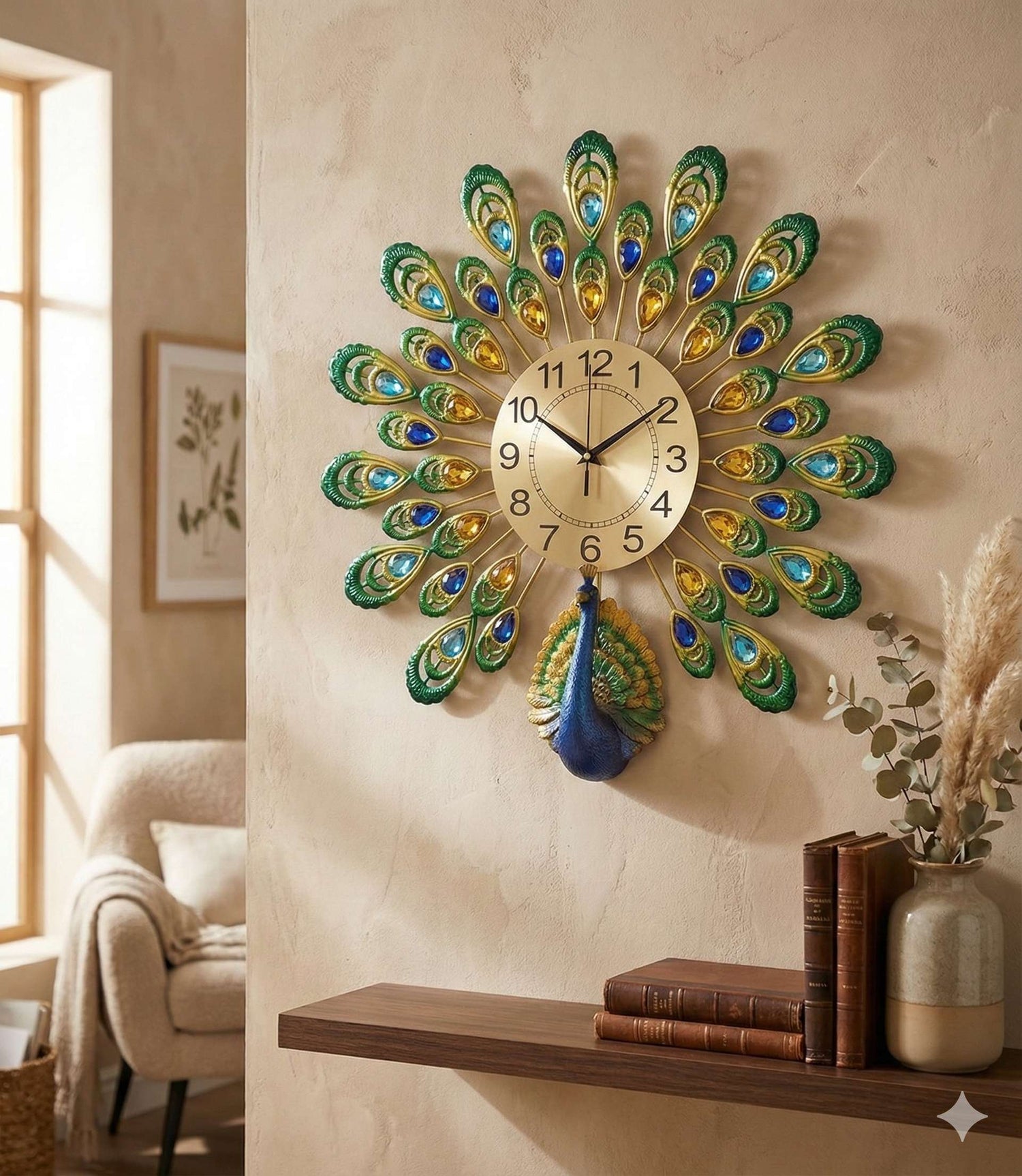 Royal Peacock Crystal Wall Clock – Large 3D Metal Art Decor for Living Room &amp; Bedroom (55cm x 55cm)