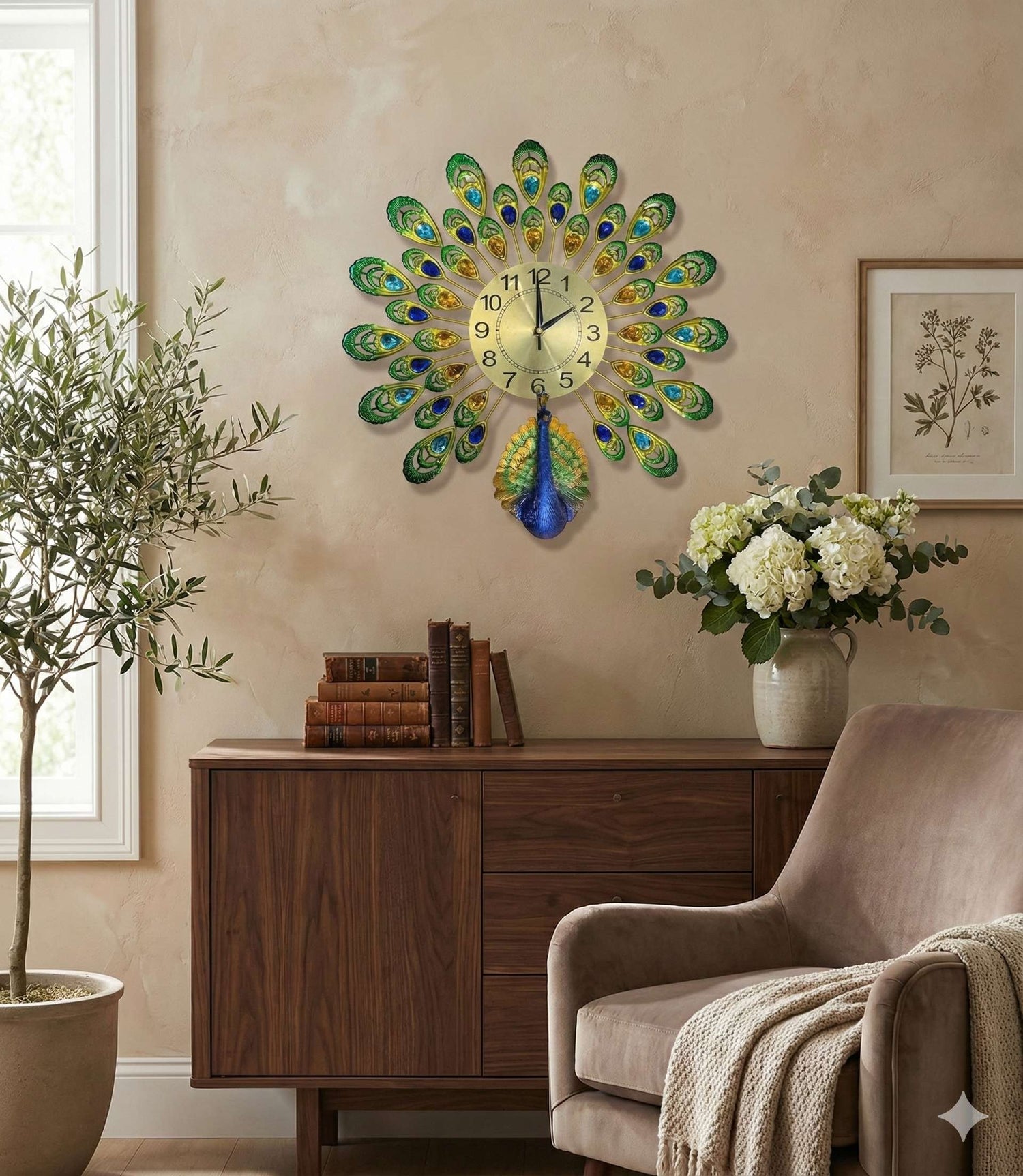 Royal Peacock Crystal Wall Clock – Large 3D Metal Art Decor for Living Room &amp; Bedroom (55cm x 55cm)