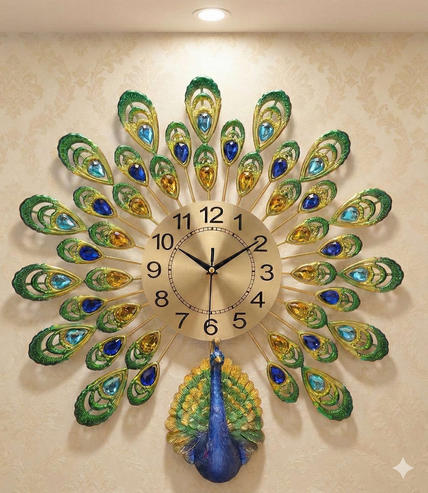 Royal Peacock Crystal Wall Clock – Large 3D Metal Art Decor for Living Room & Bedroom (55cm x 55cm)