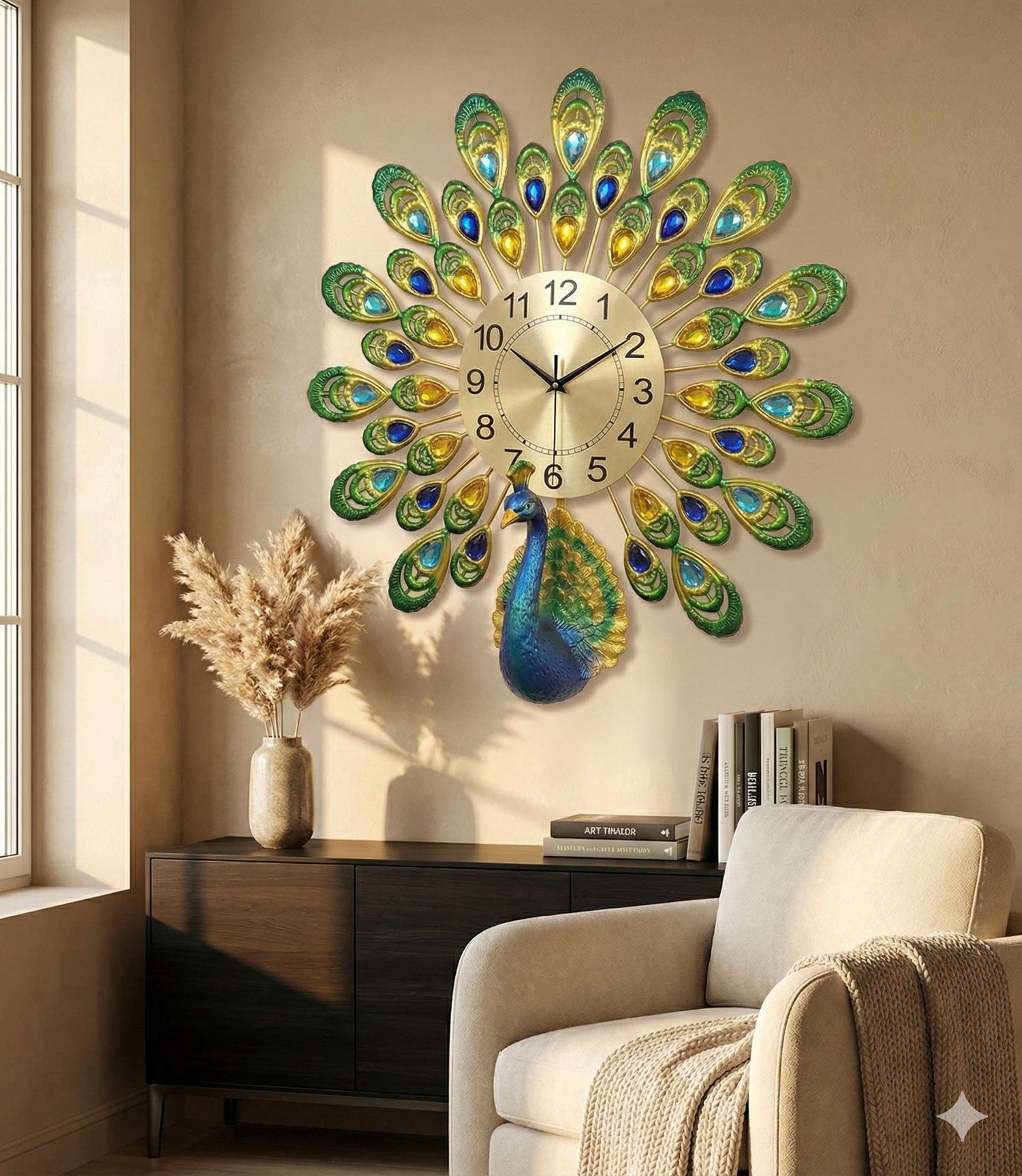 Royal Peacock Crystal Wall Clock – Large 3D Metal Art Decor for Living Room &amp; Bedroom (55cm x 55cm)