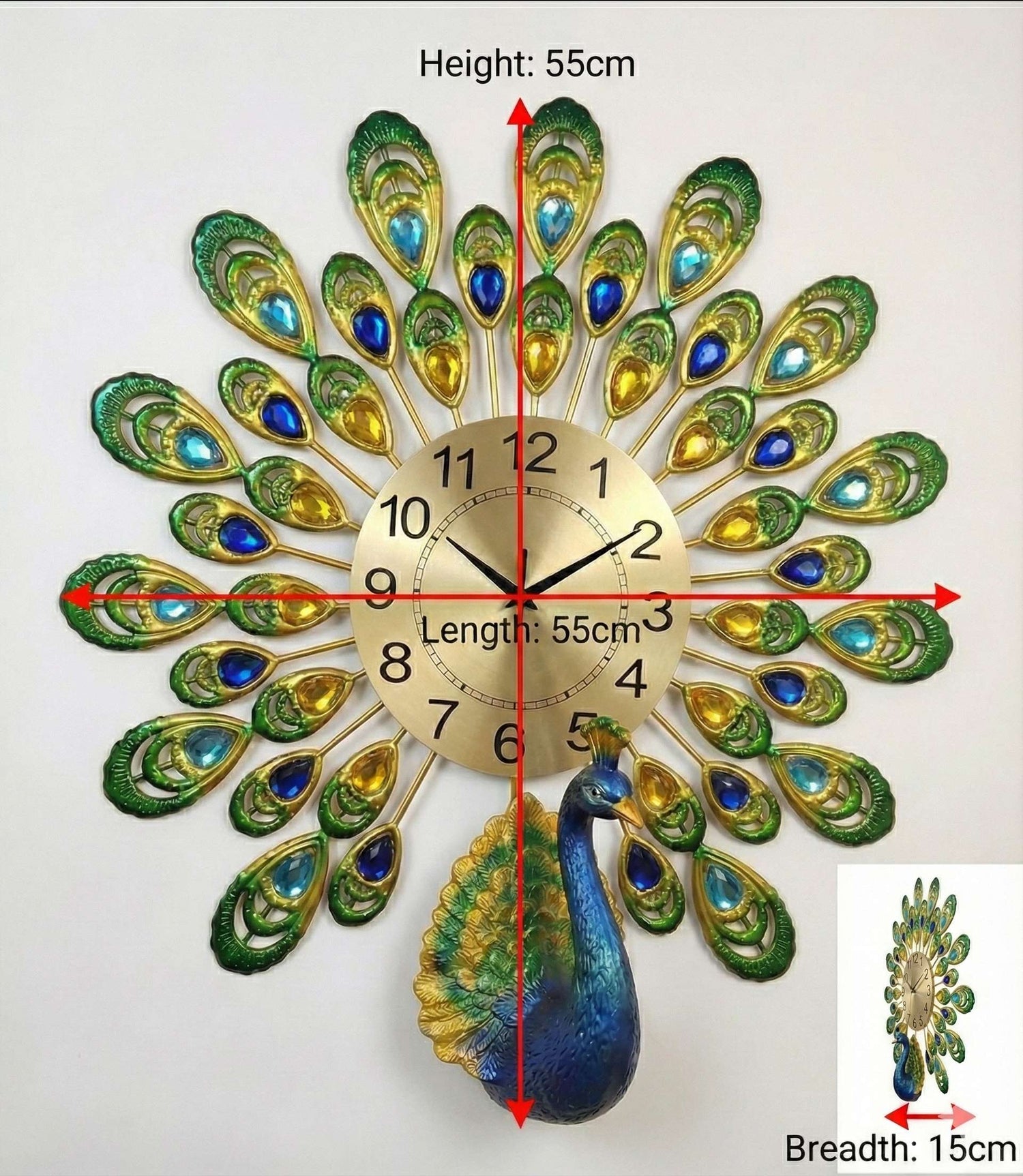 Royal Peacock Crystal Wall Clock – Large 3D Metal Art Decor for Living Room &amp; Bedroom (55cm x 55cm)