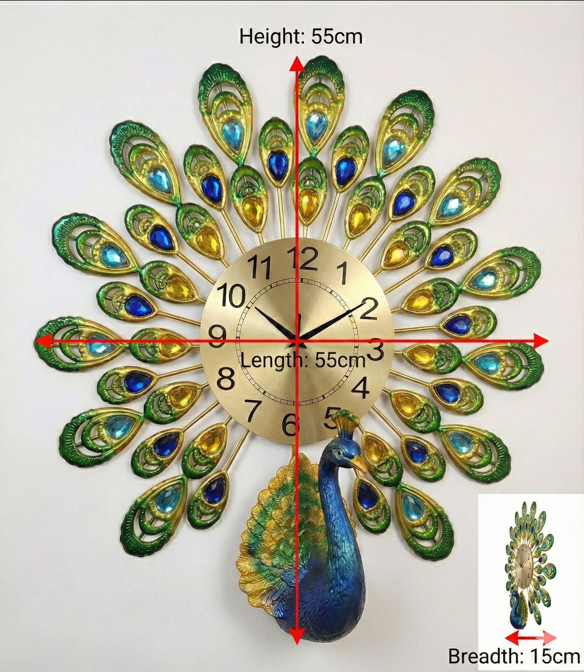 Royal Peacock Crystal Wall Clock – Large 3D Metal Art Decor for Living Room &amp; Bedroom (55cm x 55cm)