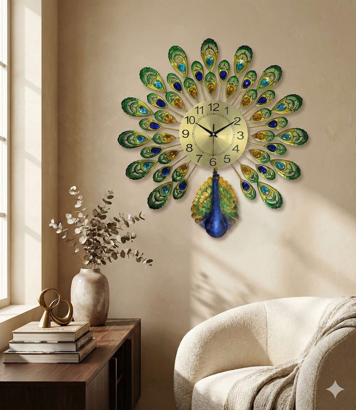 Royal Peacock Crystal Wall Clock – Large 3D Metal Art Decor for Living Room &amp; Bedroom (55cm x 55cm)