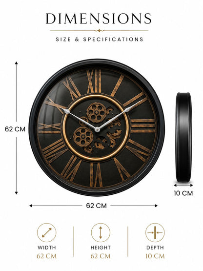 Large 62 CM Black Metal Moving Gear Wall Clock Size Specifications
