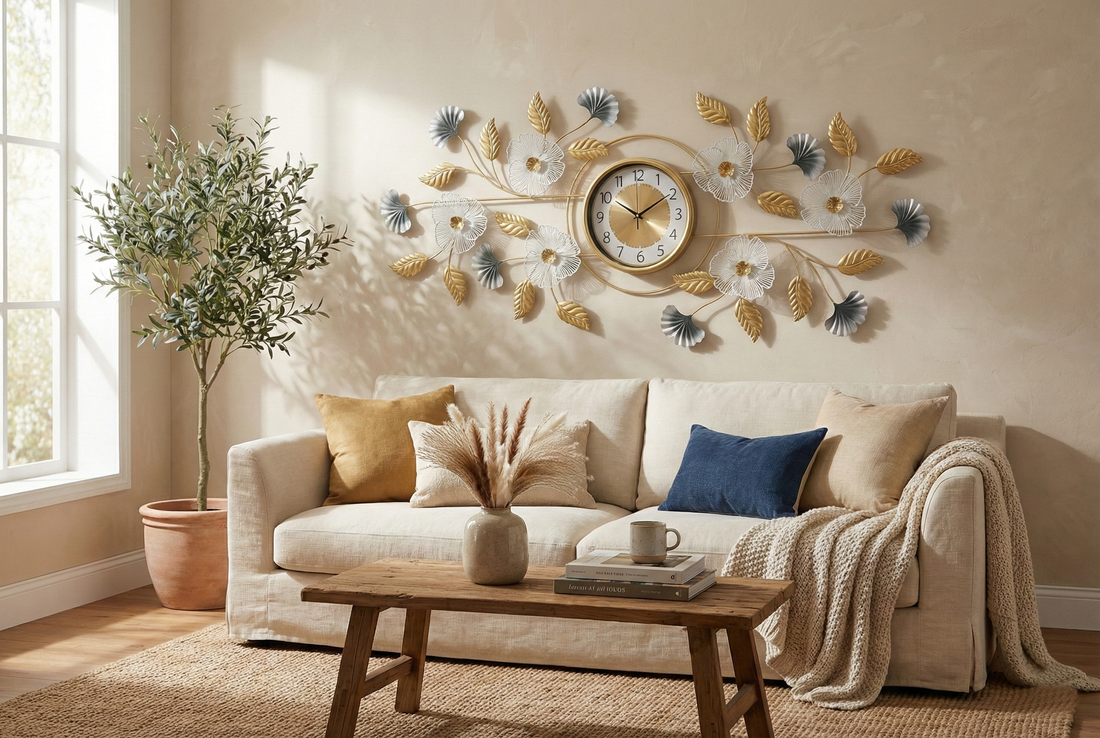 Large decorative wall clock hanging above sofa in a modern Indian home.