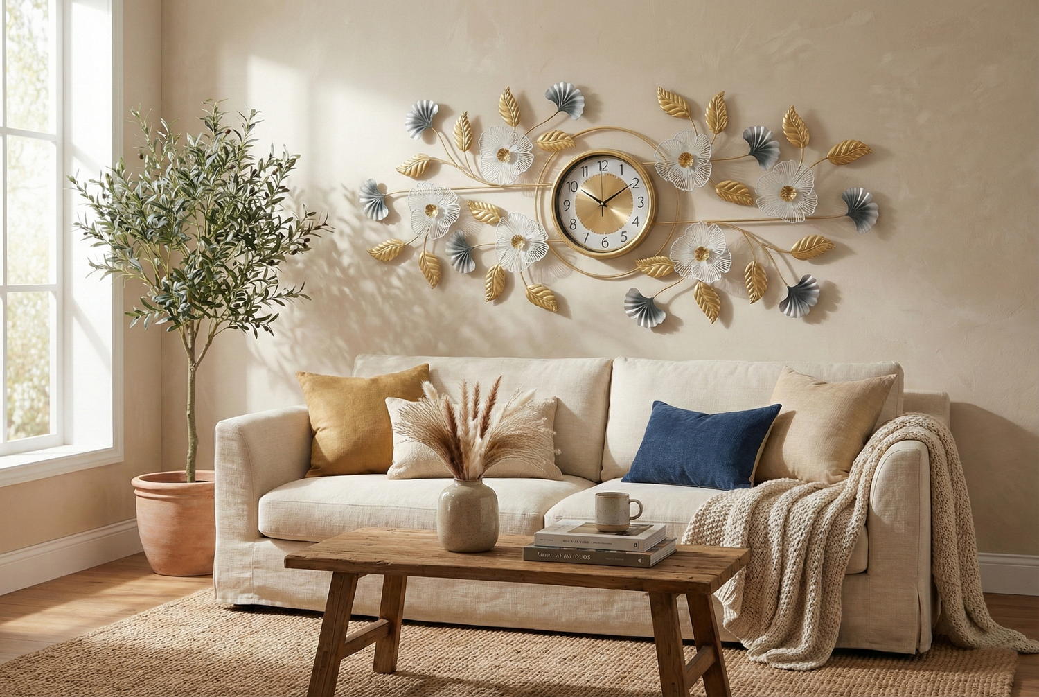 Large decorative wall clock hanging above sofa in a modern Indian home.