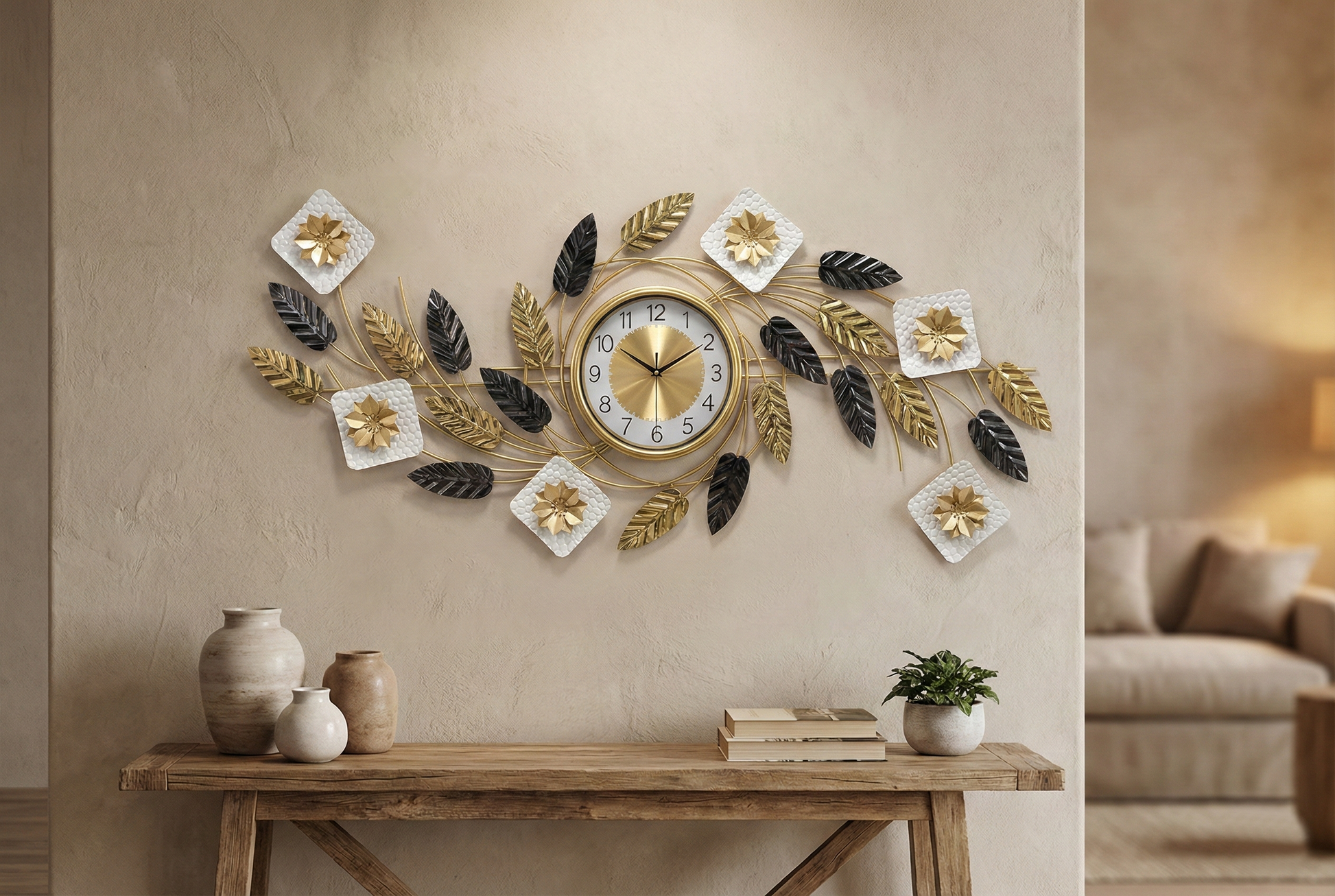 Large gold and black iron floral wall clock on living room wall