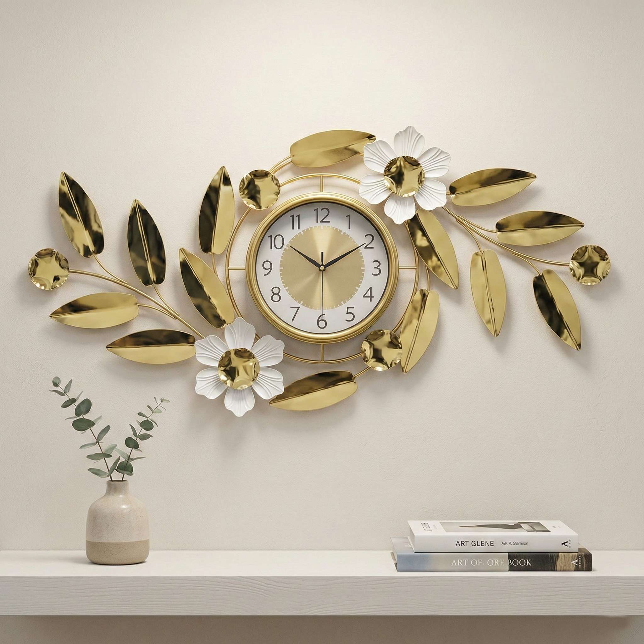 Large gold metal leaf and white flower iron wall clock front view by FunkyDecors.