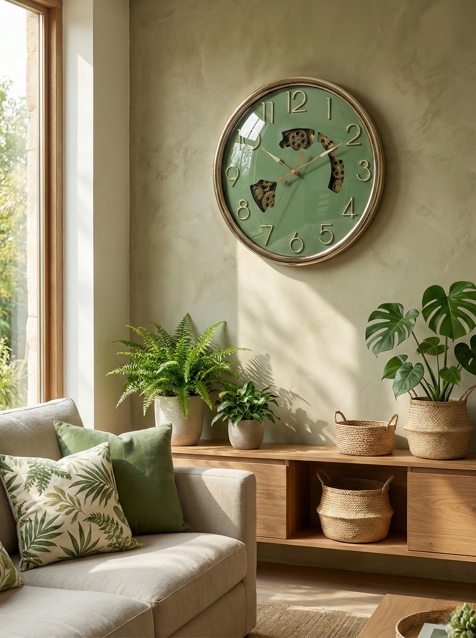 Living room with a large wall clock, plants, and a sofa with leaf-patterned cushions.