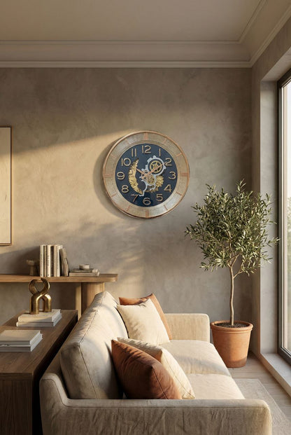 Living room with a large wall clock, sofa, and decorative items.