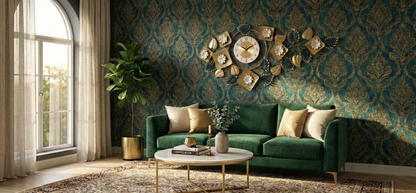 Living room with green sofa, decorative wall clock, and patterned wallpaper.