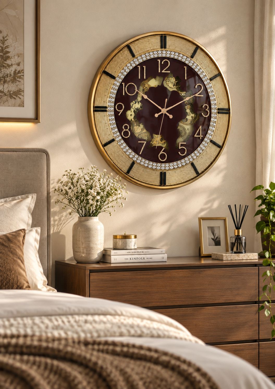 Luxury 16 inch Brown wall clock with working visible gear mechanism, crystal ring and gold numerals in modern bedroom