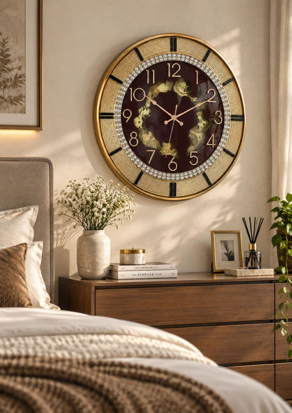 Luxury 16 inch Brown wall clock with working visible gear mechanism, crystal ring and gold numerals in modern bedroom