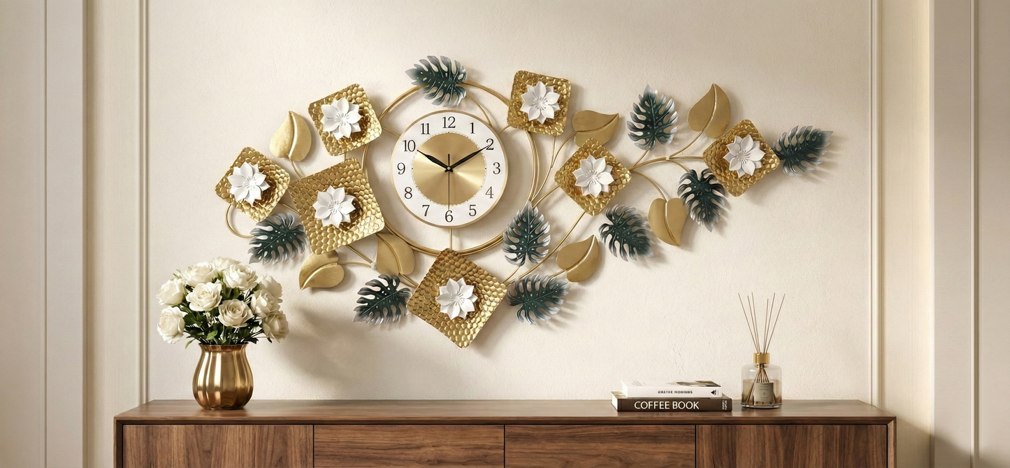 Luxury 3D iron floral wall clock with gold and green leaves for living room decor