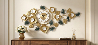 Luxury 3D iron floral wall clock with gold and green leaves for living room decor