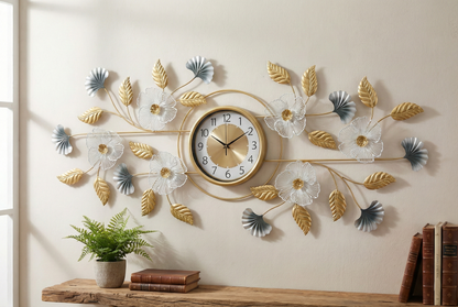 Luxury 3D metal floral wall clock in gold and teal for living room decoration.