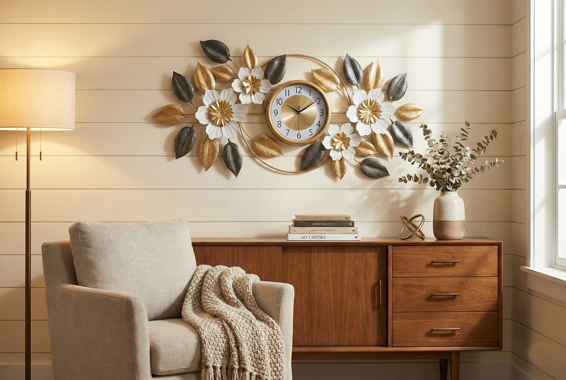 Luxury 3D metal floral wall clock white and gold. Decorative wall clock with floral and leaf designs on a wall above a sofa.