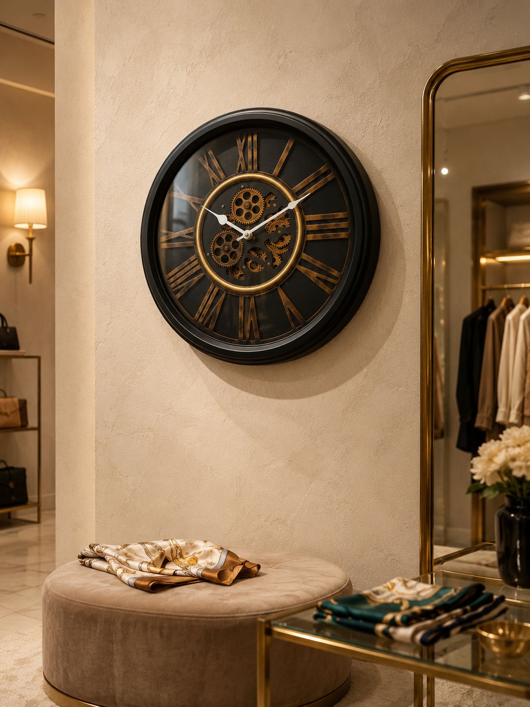 Luxury Black and Gold Moving Gear Metal Wall Clock with Roman Numerals