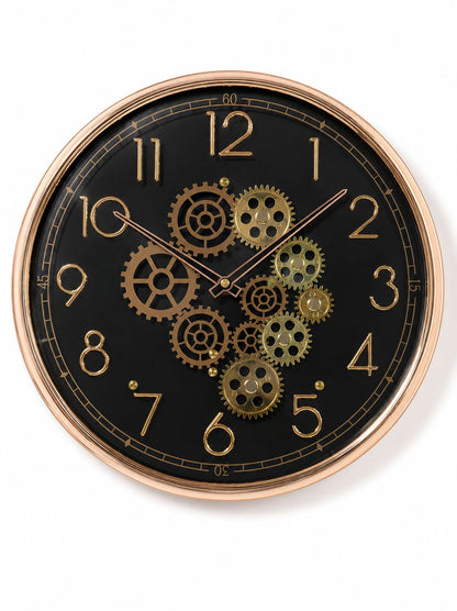 Luxury Rose Gold Gear Wall Clock with Black Dial and Moving Gears