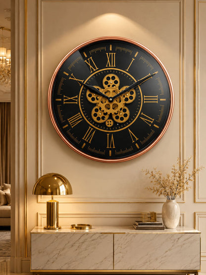Luxury Rose Gold Moving Gear Wall Clock in Modern Living Room
