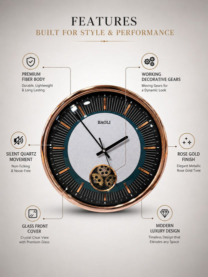 Luxury Silent Quartz Wall Clock Features Working Gears Glass Cover Rose Gold Finish