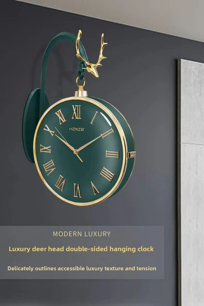 Luxury deer head double-sided hanging clock on a gray wall.