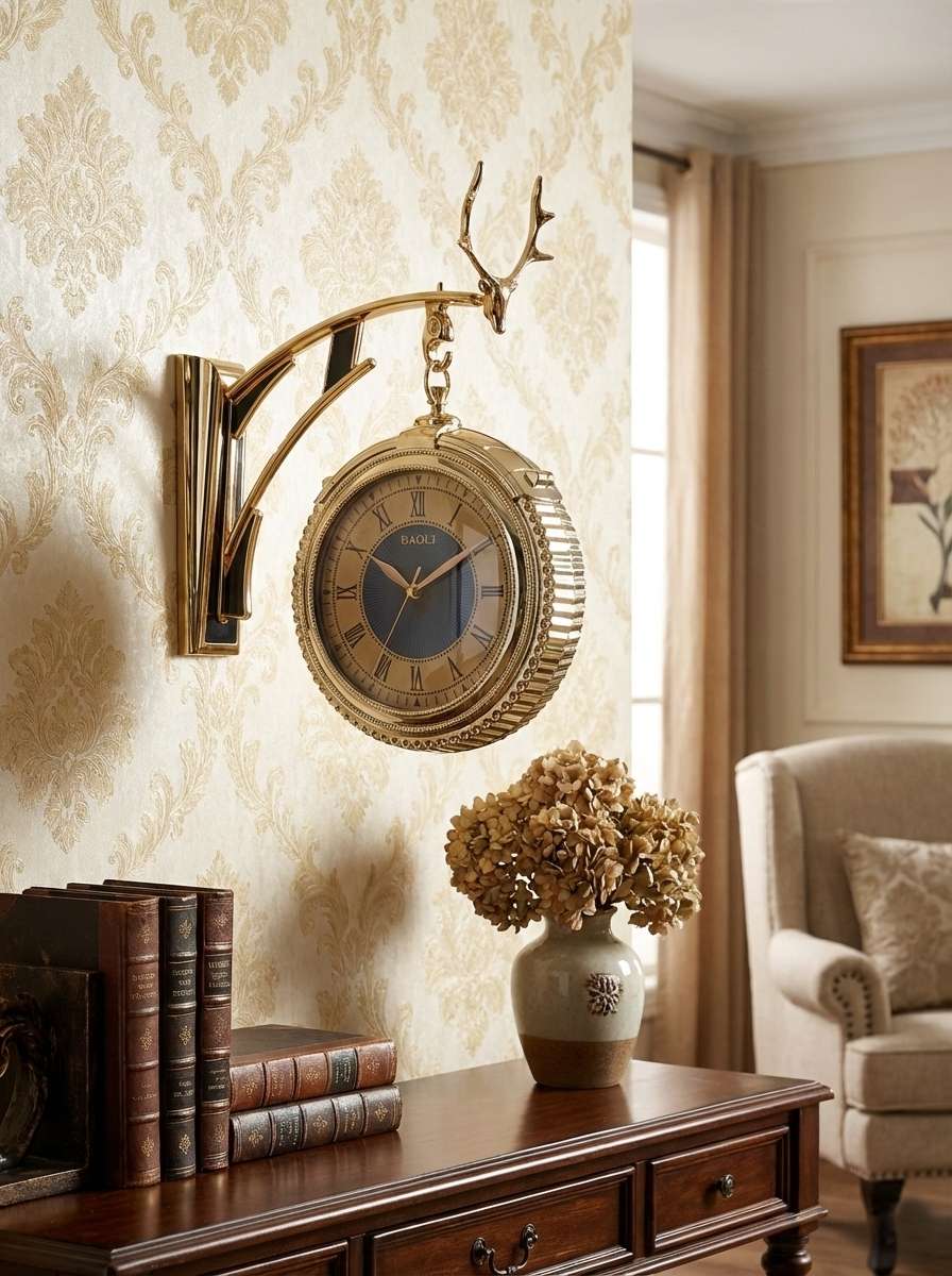 Luxury dual-sided wall clock with deer head bracket in living room décor