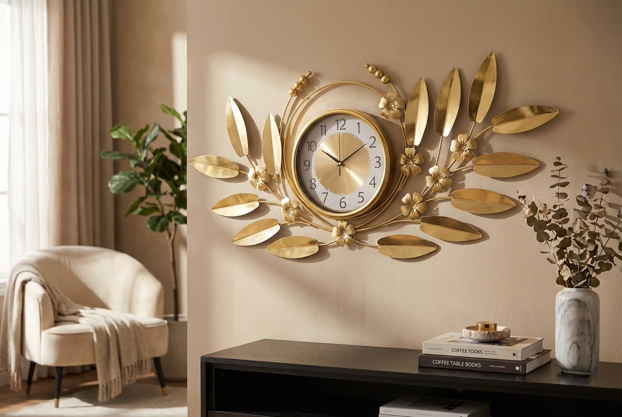Luxury gold metal floral wall clock for living room decoration.