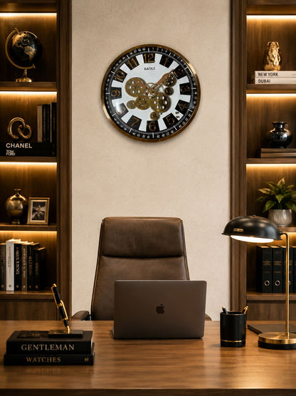 Luxury moving gear wall clock displayed in a modern executive office interior