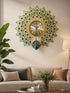 Luxury peacock metal and ceramic wall clock with blue crystal accents mounted on elegant wall