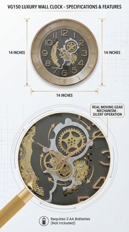 Luxury wall clock with specifications and features on a white background
