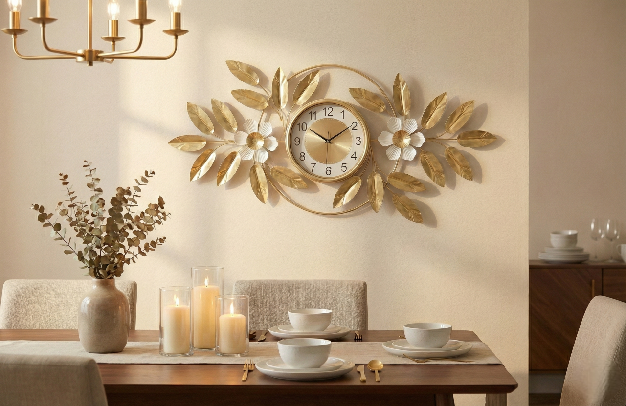 Luxury white flower and gold leaf wall art clock close up.