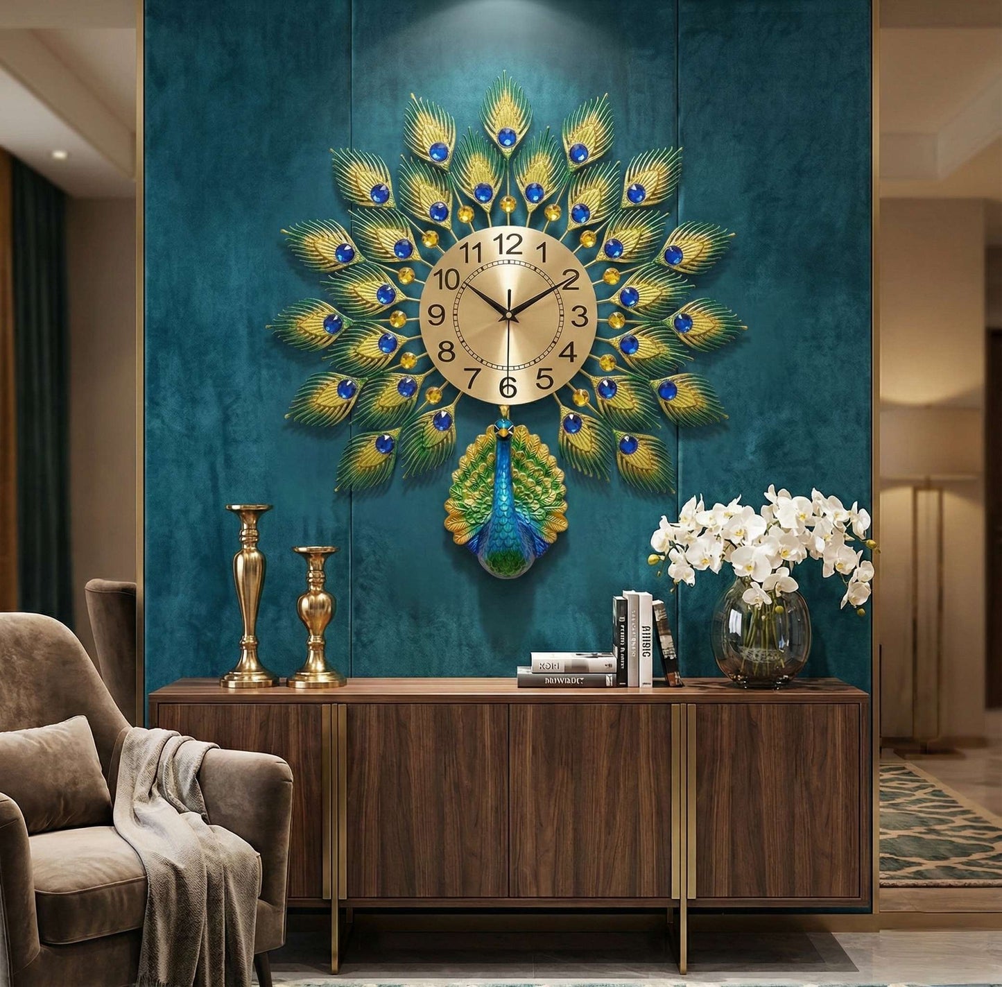 Decorative peacock clock on a wall in a living room setting