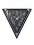 A triangular wall clock with a black frame and a dark gray textured dial, featuring white Arabic numerals and hands, shown against a plain white background.