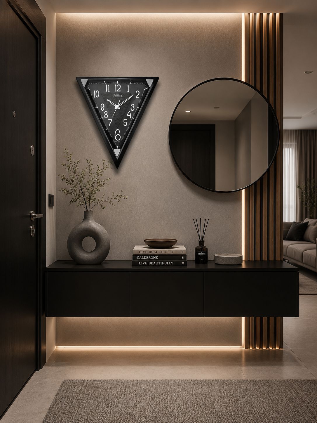 Modern entryway featuring a black triangular wall clock, a round black-framed mirror, a floating black console table with decorative items, warm ambient lighting, and a gray rug.