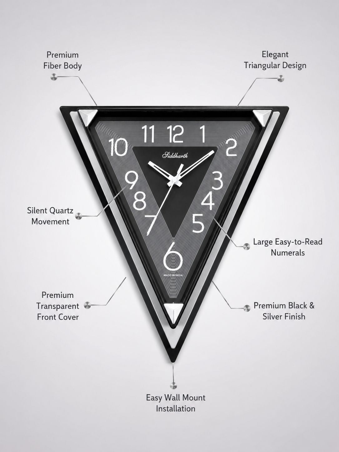 A triangular wall clock with a black fiber body, transparent front cover, and silver accents, shown on a light gray background with callout labels describing its features.