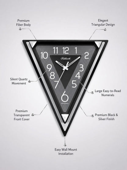 A triangular wall clock with a black fiber body, transparent front cover, and silver accents, shown on a light gray background with callout labels describing its features.