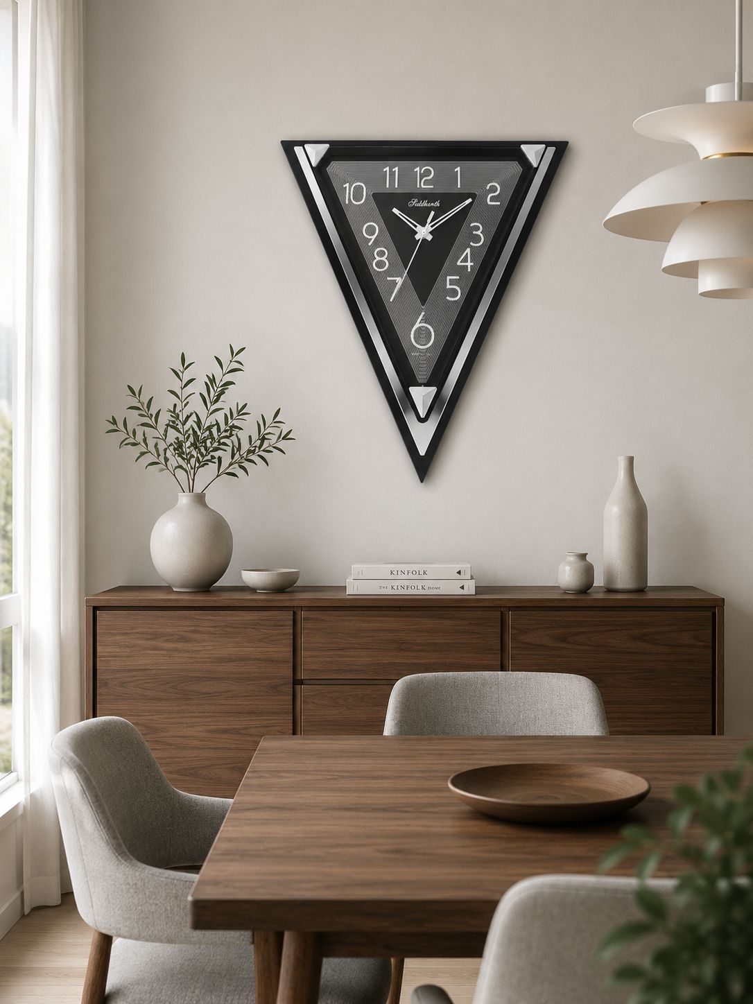 Modern Triangular Pendulum Wall Clock with Oscillating Center | Premium Fibre Body | Silent Quartz Movement | Designer Decorative Wall Clock for Living Room, Office &amp; Bedroom 40 CM Tall