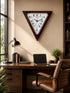 Modern triangular wall clock with premium fibre body and oscillating pendulum-style center panel.