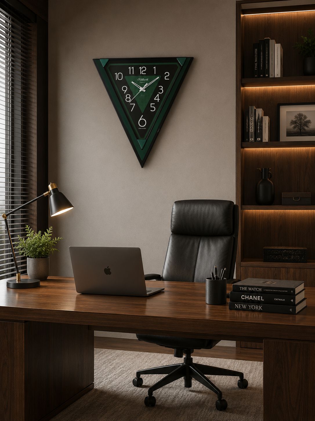 Modern Triangular Pendulum Wall Clock with Oscillating Center | Premium Fibre Body | Silent Quartz Movement | Designer Decorative Wall Clock for Living Room, Office &amp; Bedroom 40 CM Tall