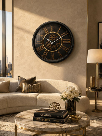 Modern Luxury Living Room Featuring Designer Black Gold Wall Clock