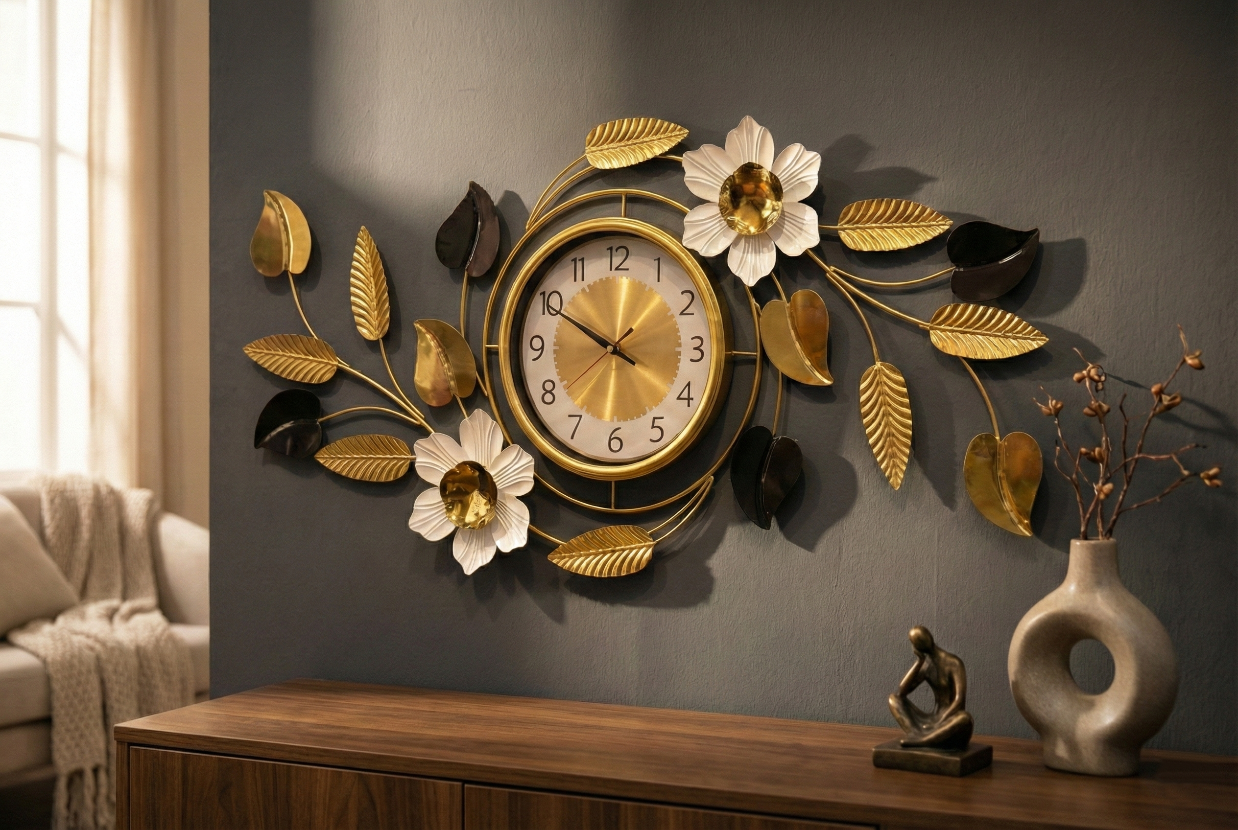 Modern iron wall art clock hanging in luxury living room above console