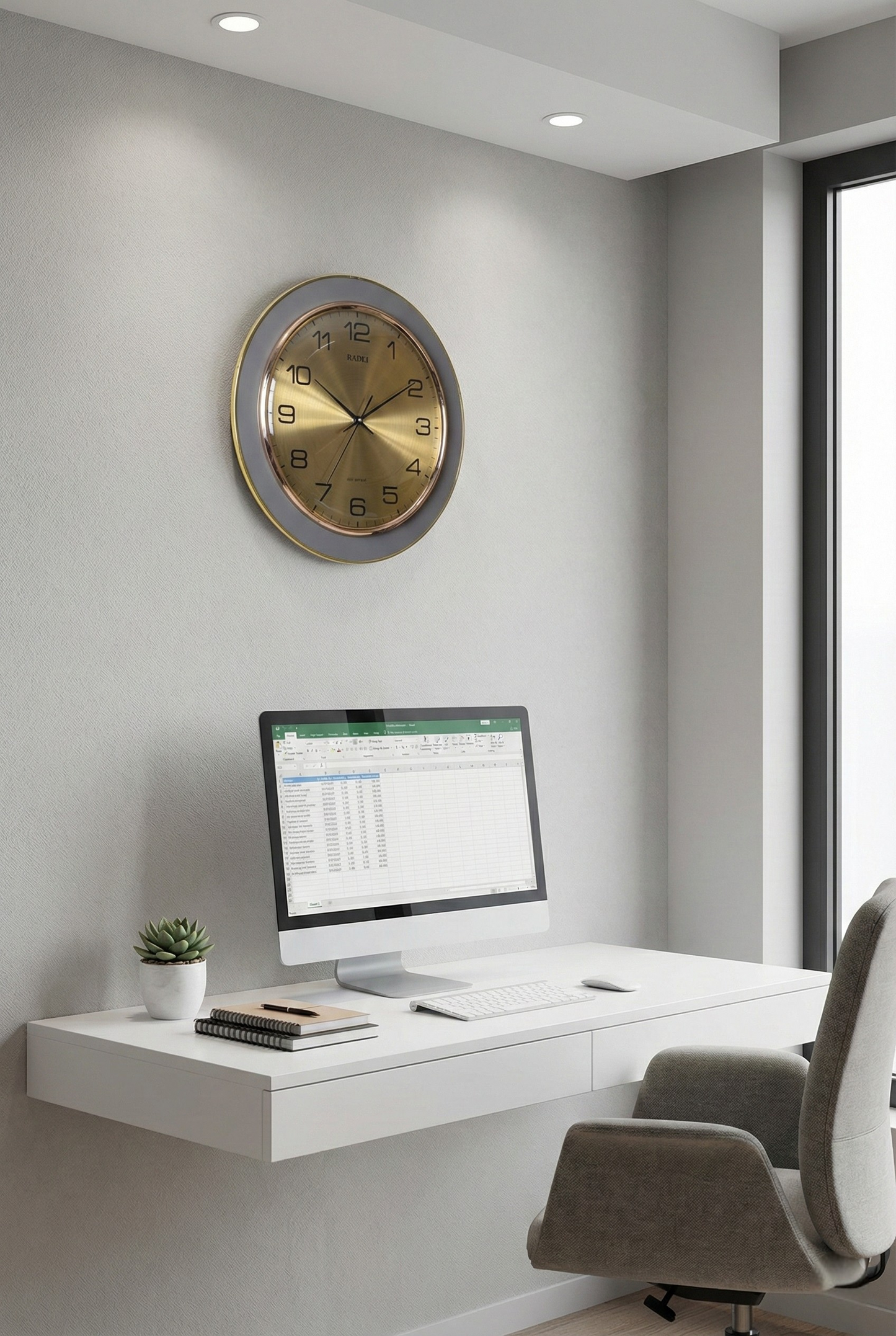 Modern office setup with a computer on a wall-mounted desk, clock, and chair.