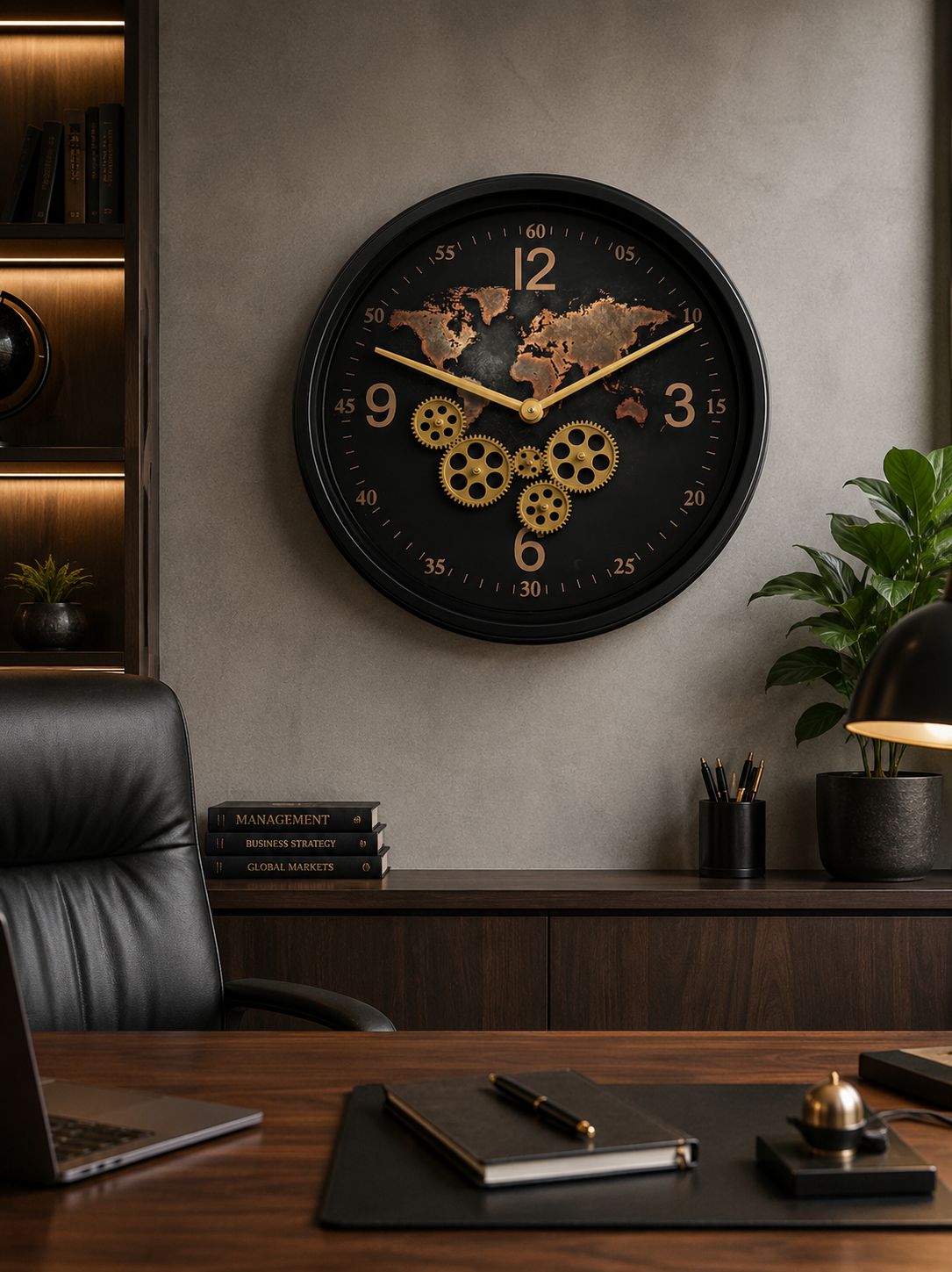 Modern world map wall clock installed in executive office workspace